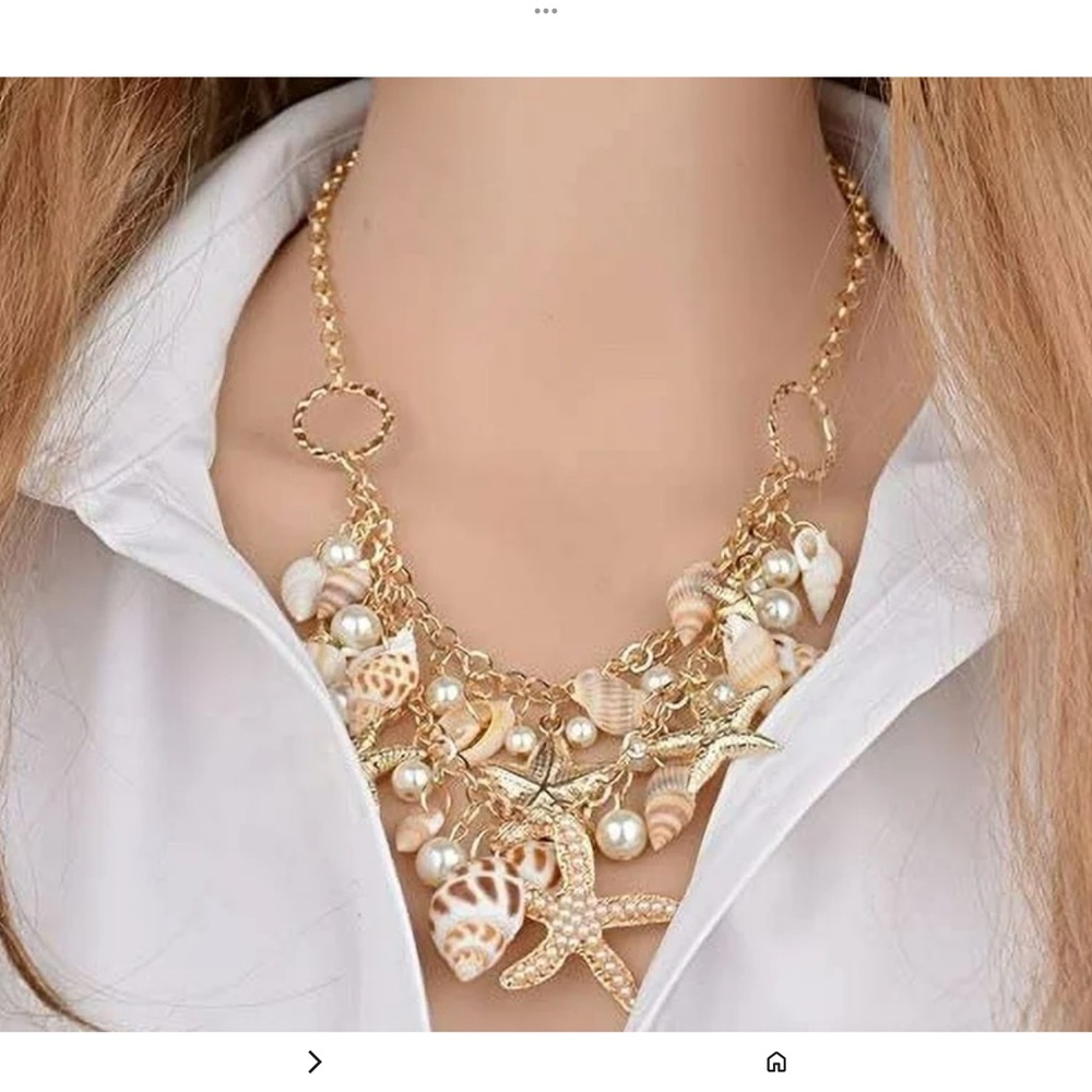 necklace Halawly Mermaid Seashells  Starfish Faux Pearls Gold tone chain Beachy